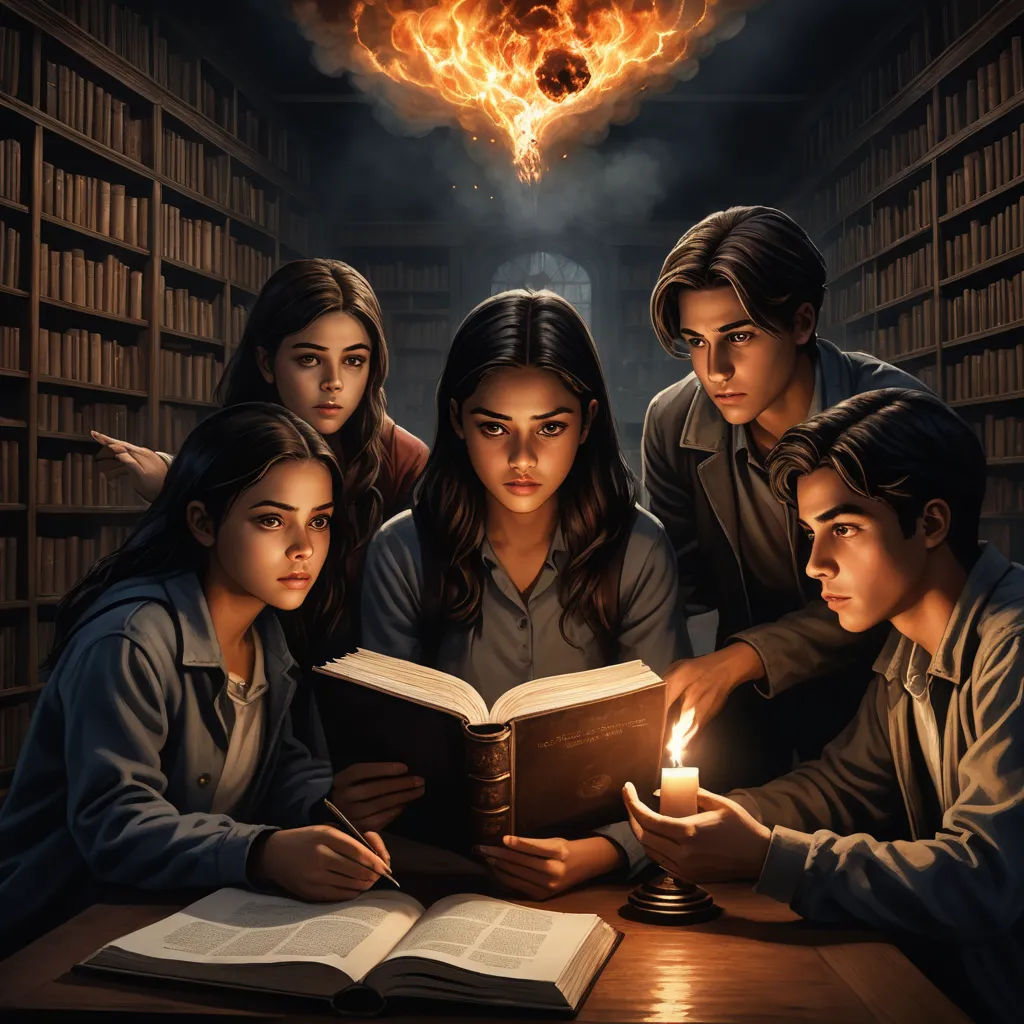 a group of people reading a book in a library with a light shining from the book on the table, fantasy art, poster art, Brad Kunkle, official art