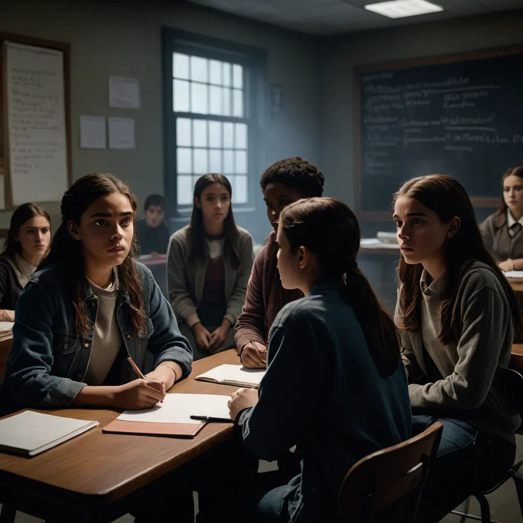 a group of people sitting at a table in a classroom with notebooks and papers on it, with one person standing up, paris school, a renaissance painting, Ada Gladys Killins, promotional image