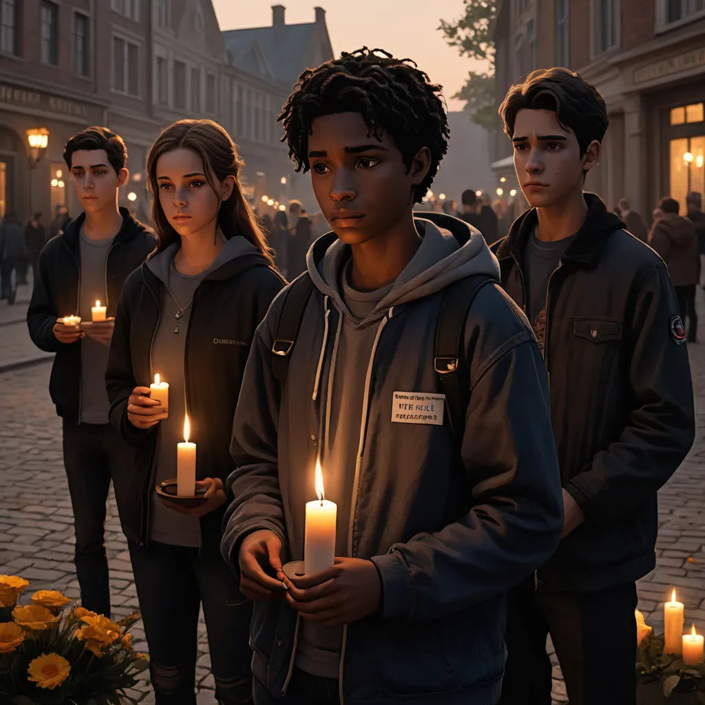 a group of people holding candles in their hands in front of a building with a crowd of people standing around, american realism, concept art, Cedric Seaut (Keos Masons), key art