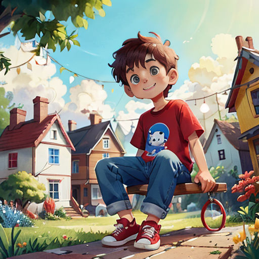 a boy sitting on a bench in a cartoon style with a house in the background and a dog in the foreground