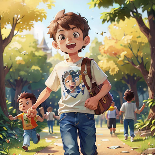 a boy walking down a path with a backpack on his shoulder and a boy holding a backpack on his shoulder