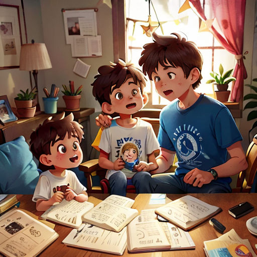 a group of children sitting around a table with books on it and a phone in front of them,