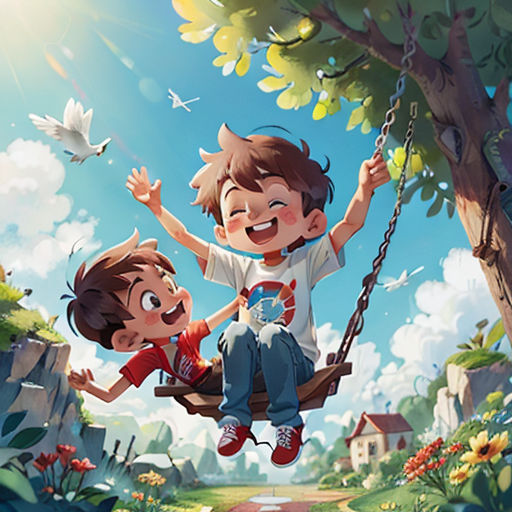 two children are sitting on a swing in the middle of a park with a bird flying overhead and a bird flying overhead