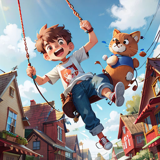 a boy is riding a swing with a cat on his back and a cat on his shoulder in the air