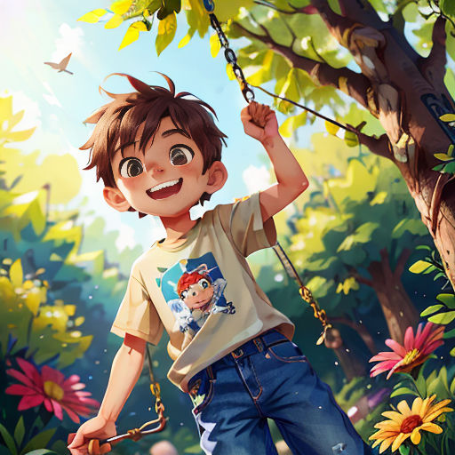 a boy swinging on a swing in a park with flowers and a butterfly flying overhead in the sky above