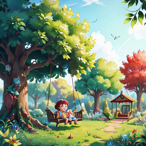 a girl sitting on a swing in a park with a tree and a gazebo in the background, with a bird flying overhead