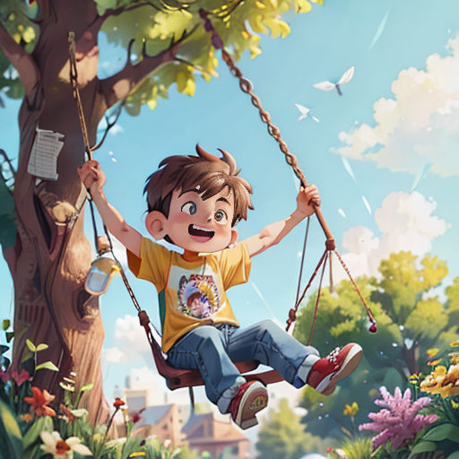 a boy is swinging on a swing in a tree with a bird on it and a bird on the branch