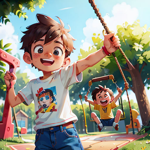 a boy swinging on a rope with another boy on a swing set in the background and a girl on a swing set in the foreground
