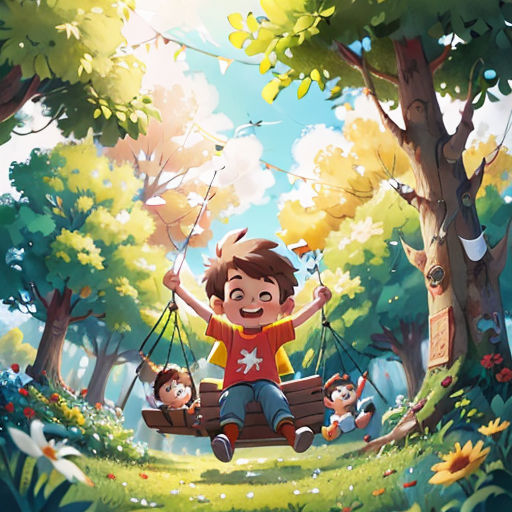 a boy sitting on a swing in the woods with other children around him and a dog on the ground