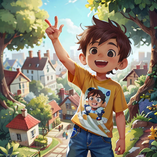 a boy is standing in the middle of a forest with his hands up in the air and his hands in the air