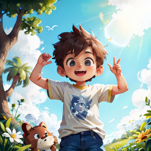 a boy is standing in the grass with a stuffed animal in front of him and a bear behind him