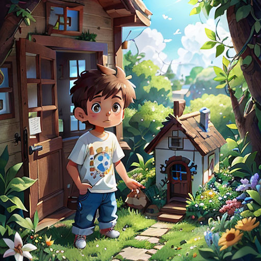 a boy standing in front of a small house in the woods with a dog in the yard and a bird in the yard