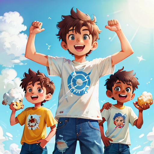 a boy with his arms up in the air with other boys around him and a sky background with clouds