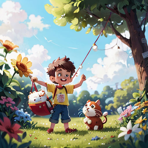 a boy holding a fishing rod and a cat on a leash in a field of flowers and trees with a cat on a leash