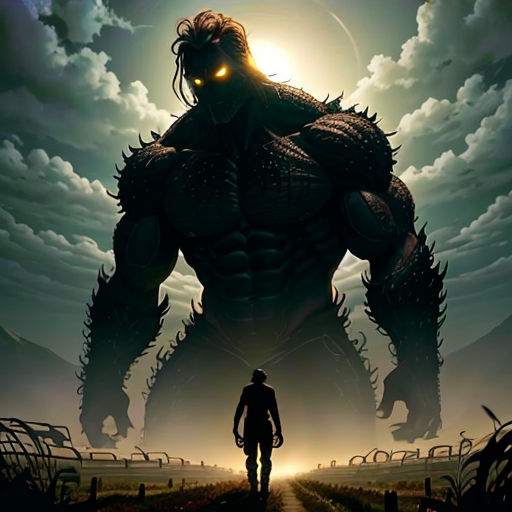 a man standing in front of a giant monster in a field of grass with a sky background and clouds