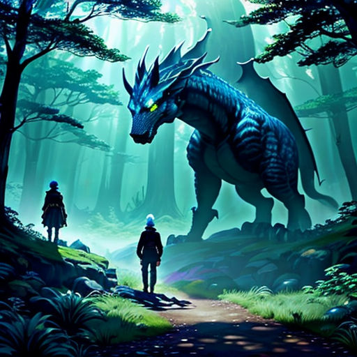 a man and a woman are walking through a forest with a dragon on it's back, and a man is walking towards the dragon