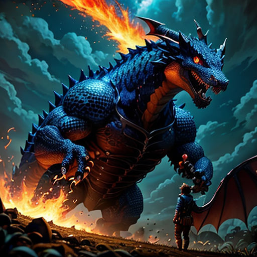 a dragon with a fire breathing on it's back and a man standing next to it in front of a dark sky