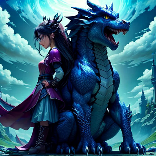 a girl and a dragon in a fantasy setting with a full moon in the background, and a castle in the background