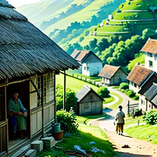 a man standing in a doorway of a house on a hill side with a village in the background and a woman walking down the path