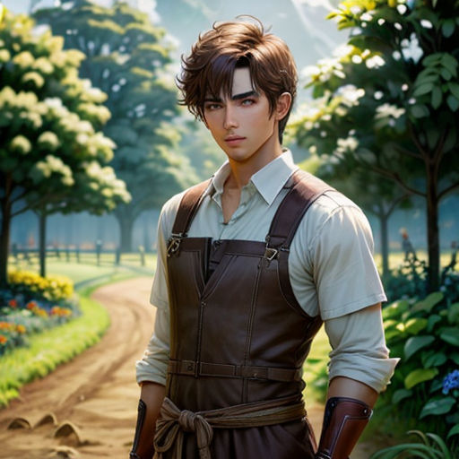 a man in a brown outfit standing in a forest with a gun in his hand and a mountain in the background