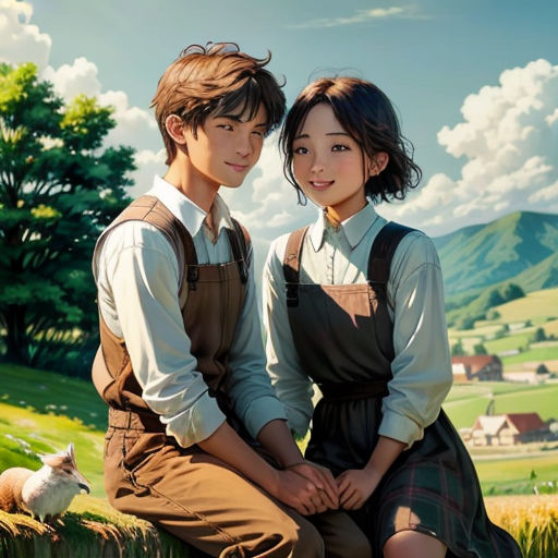 a couple of people sitting on a grass field next to each other in front of a mountain range with a dog
