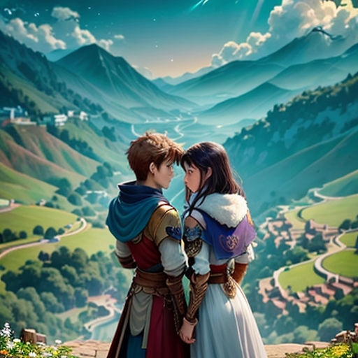 a couple of people standing next to each other in front of a mountain range with a sky background and stars