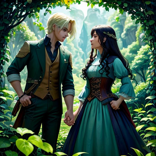 a man and a woman in renaissance dress standing in a forest looking at each other with a heart shaped halo