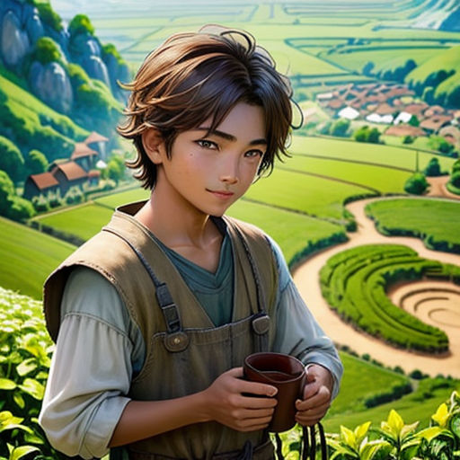 a boy holding a cup in a field of flowers with a farm in the background and a valley in the background