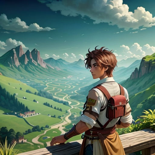 a boy with a backpack looking at a scenic landscape with mountains and a valley in the background, with a wooden bench in the foreground