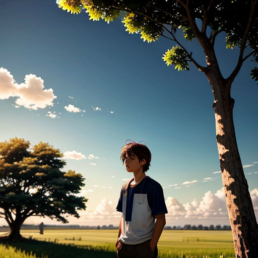 a boy standing in front of a tree in a field of grass and trees with a sky background and clouds