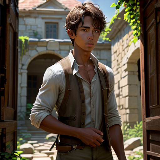 a man standing in a doorway with a backpack on his back and a house in the background with vines