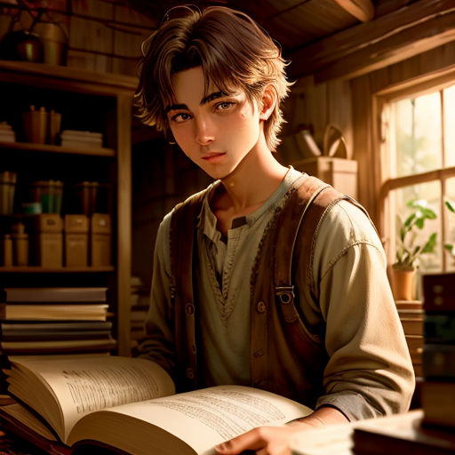 a boy is reading a book in a library with a window behind him and a book in his hand