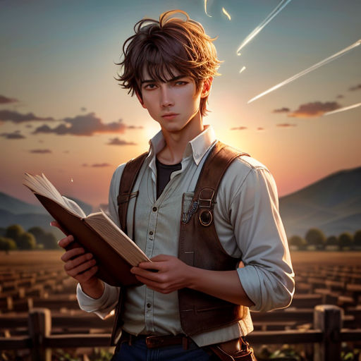 a man holding a book in his hands while standing in front of a sunset and mountains background with a sky background