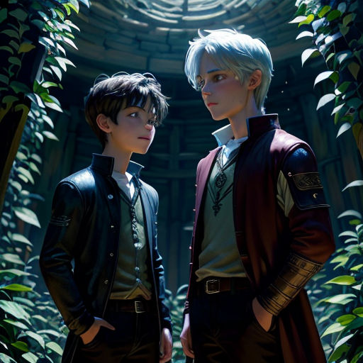 two people standing next to each other in front of a tunnel of plants and trees with leaves on the ground