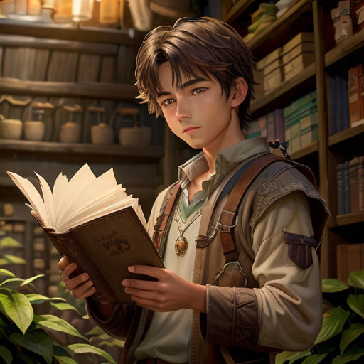 a boy reading a book in a library with a book in his hands and a book in his hand
