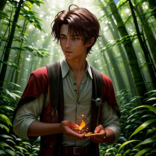 a man holding a butterfly in his hands in a bamboo forest with sunlight streaming through the bamboo trees behind him