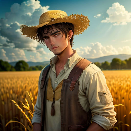 a man in a hat standing in a field of wheat with a sky background and clouds in the background
