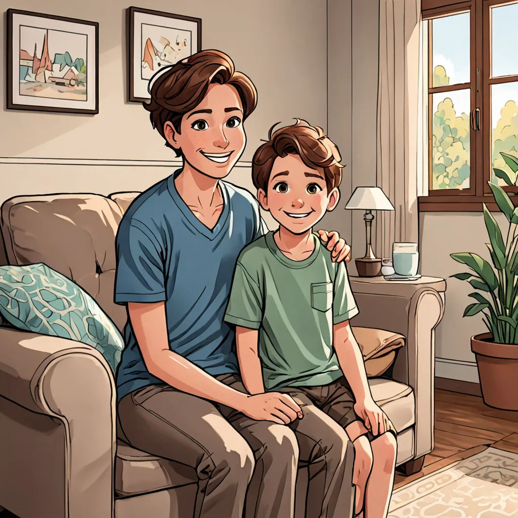 a man and a boy sitting on a couch in a living room with a plant in the corner of the room, vancouver school, a comic book panel, Adam Dario Keel, comic cover art