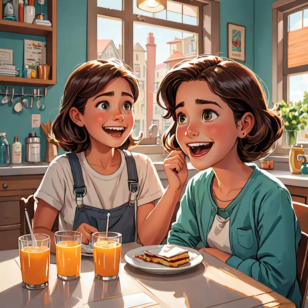 two girls sitting at a table with a plate of food and orange juice in front of them, one of them is eating, american scene painting, a storybook illustration, Brothers Hildebrandt, trending on art station