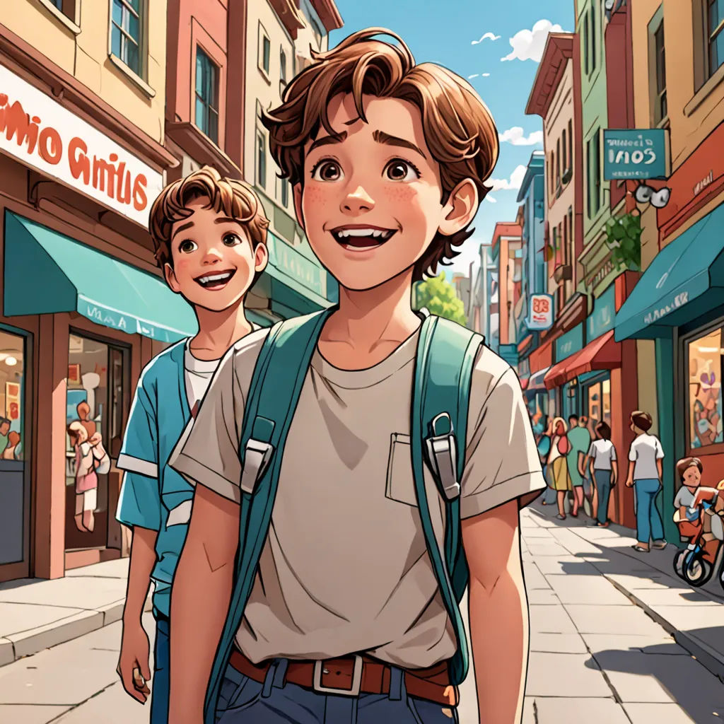 a boy and a boy are walking down the street in front of a storefront with a sign that says mo quilte, aestheticism, a comic book panel, Brothers Hildebrandt, comic cover art