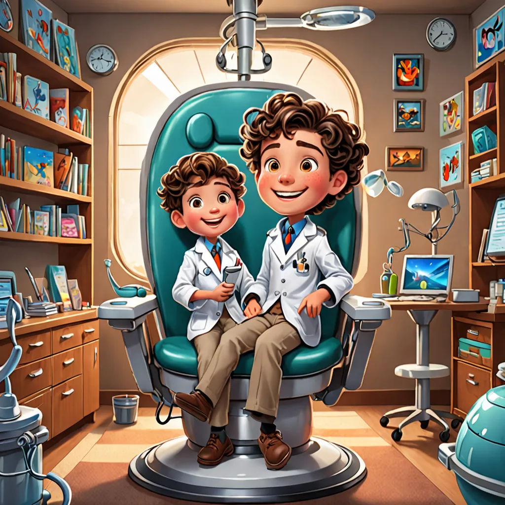 a cartoon of two boys sitting in a dentist chair in a room with a computer and bookshelves, sots art, a storybook illustration, Brothers Hildebrandt, highly detailed digital painting