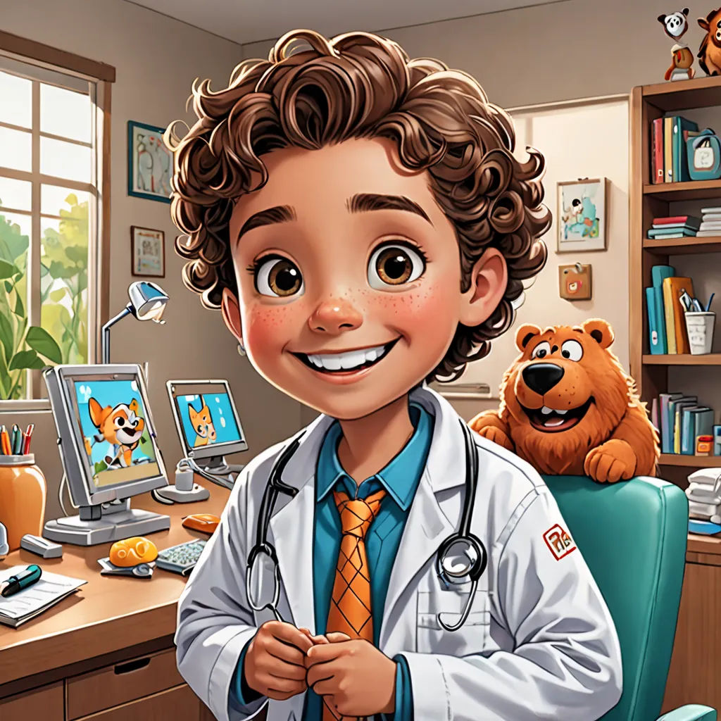 a cartoon boy in a doctor's uniform standing in front of a desk with a teddy bear and a computer, sots art, a character portrait, Dr. Atl, promotional image