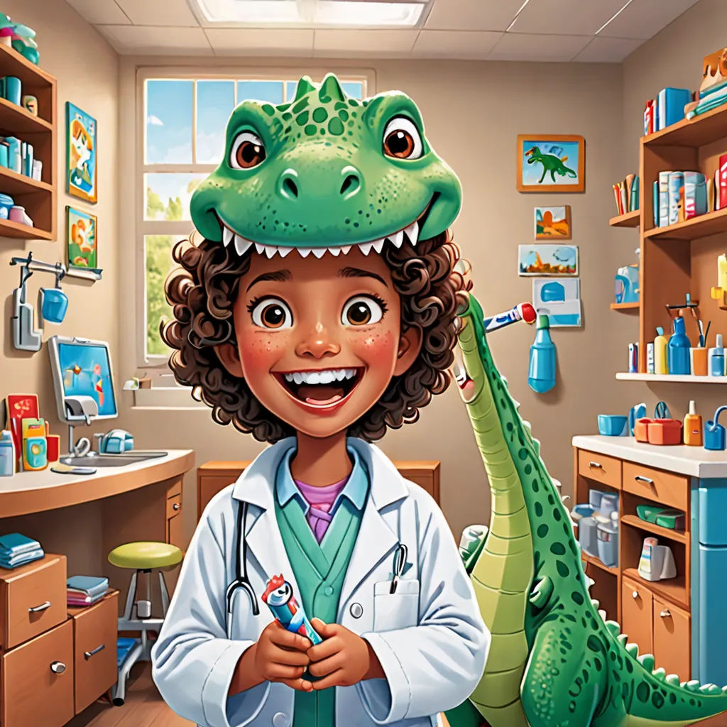 a cartoon of a doctor and a dinosaur in a room with shelves and a desk with a computer on it, photorealism, a storybook illustration, Dr. Atl, promotional image