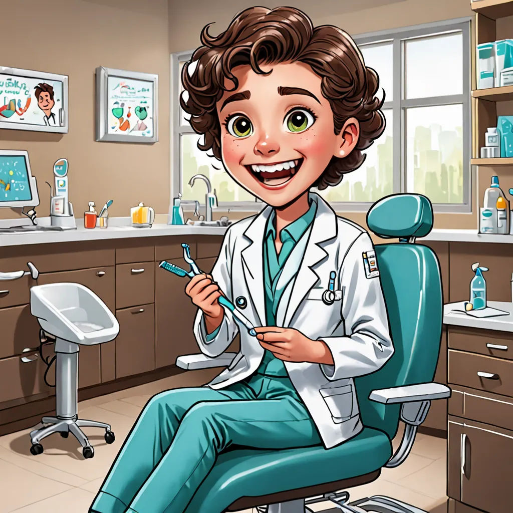 a cartoon of a dentist in a dental office with a toothbrush in his hand and a dentist chair in the background, sots art, a storybook illustration, Dr. Atl, professional digital painting