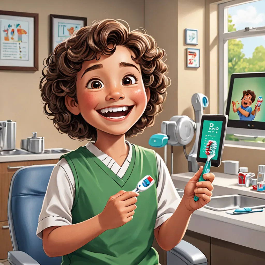 a cartoon boy holding a toothbrush and a digital camera in a dental office with a computer monitor in the background, photorealism, a storybook illustration, Diego Gisbert Llorens, promotional image