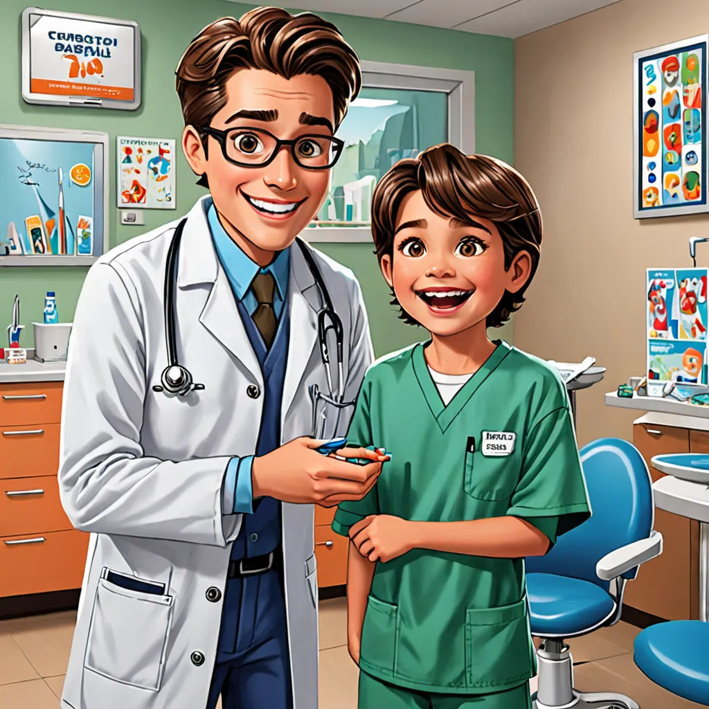a cartoon of a doctor and a boy in a dentist's office with a toothbrush in his hand, sots art, a stock photo, Dr. Atl, professional digital painting