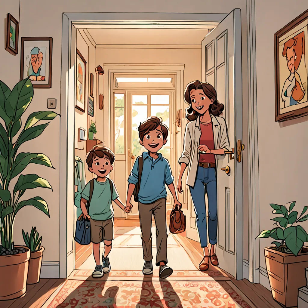 a family walking down a hallway holding hands and smiling at the camera, with a potted plant in the foreground, private press, a comic book panel, Asaf Hanuka, official art