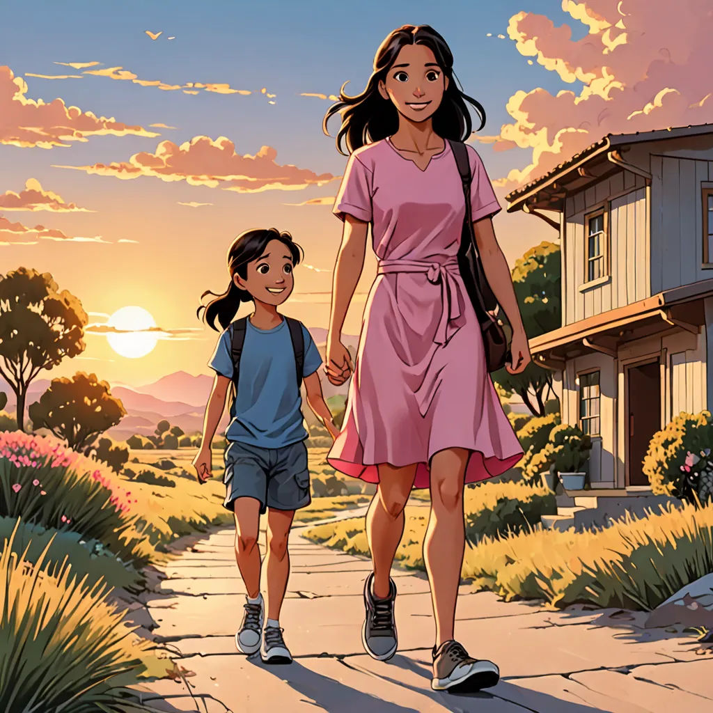 a woman and a child walking down a sidewalk in front of a house at sunset with a pink sky, american scene painting, a comic book panel, Asaf Hanuka, yukito kishiro