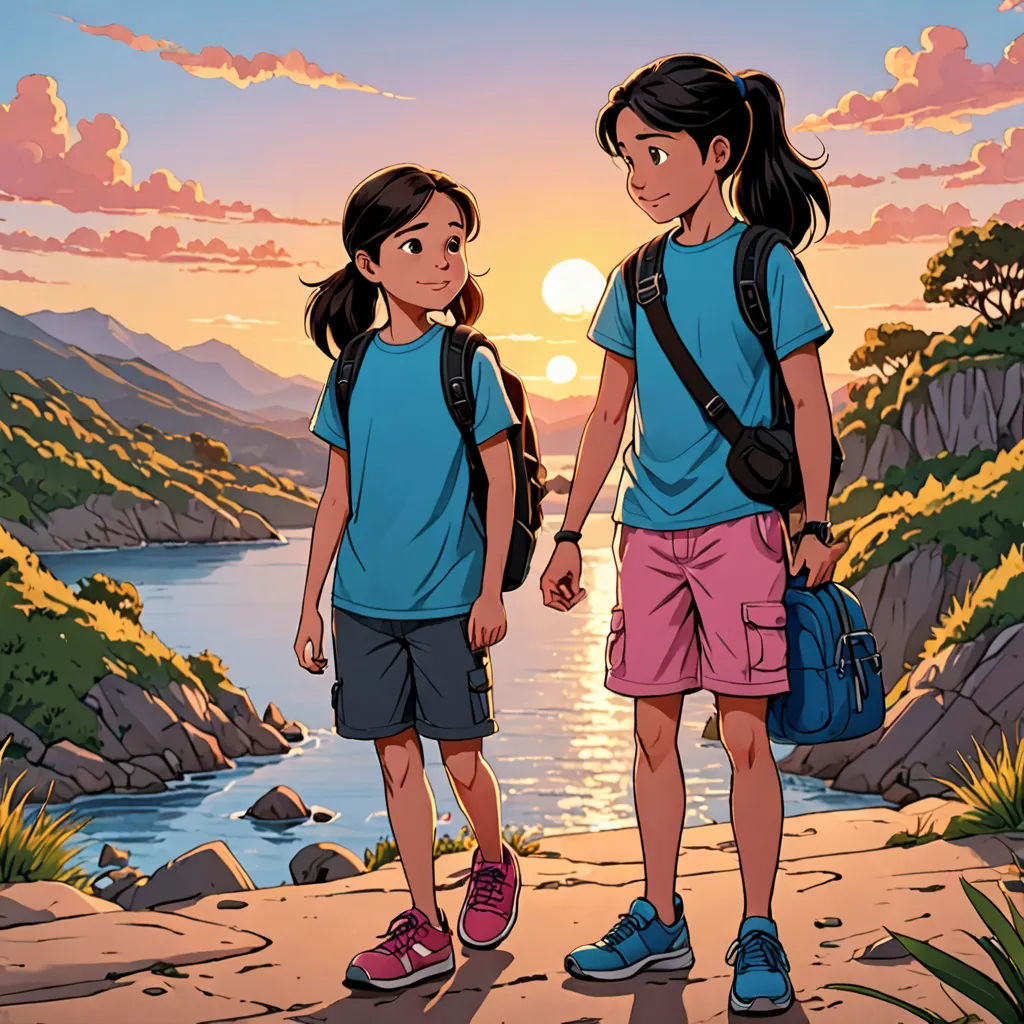 two children standing on a path near a body of water at sunset with a backpack on their shoulders and a backpack on their shoulder, lyco art, poster art, Brothers Hildebrandt, official art