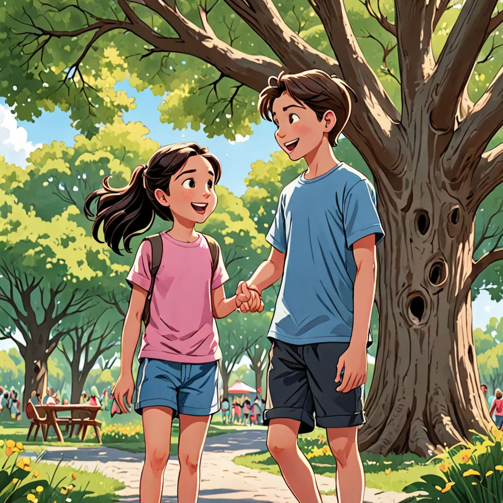 a boy and a girl walking in a park holding hands and smiling at each other with a tree in the background, american scene painting, a storybook illustration, David Park, official art